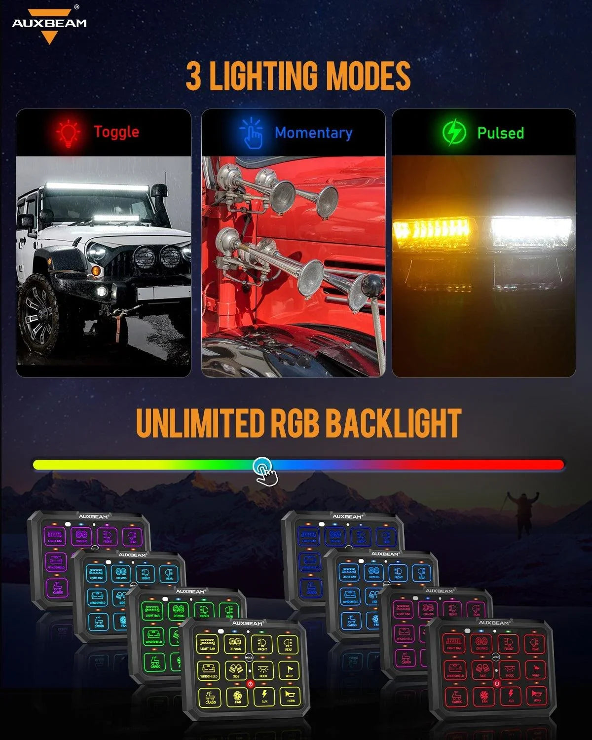 AC Series 12 Gang (AC-1200) RGB Switch Panel with APP&Remote Control, Toggle/ Momentary/ Pulsed Mode Supported(One-Sided Outlet)