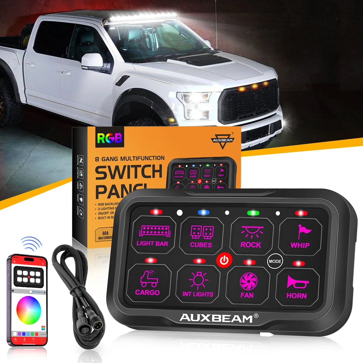 AR-800 Multifunction RGB Switch Panel with Bluetooth Controlled & 47 Inch Extension Cable(Optional) for FORD F150 F250 F350