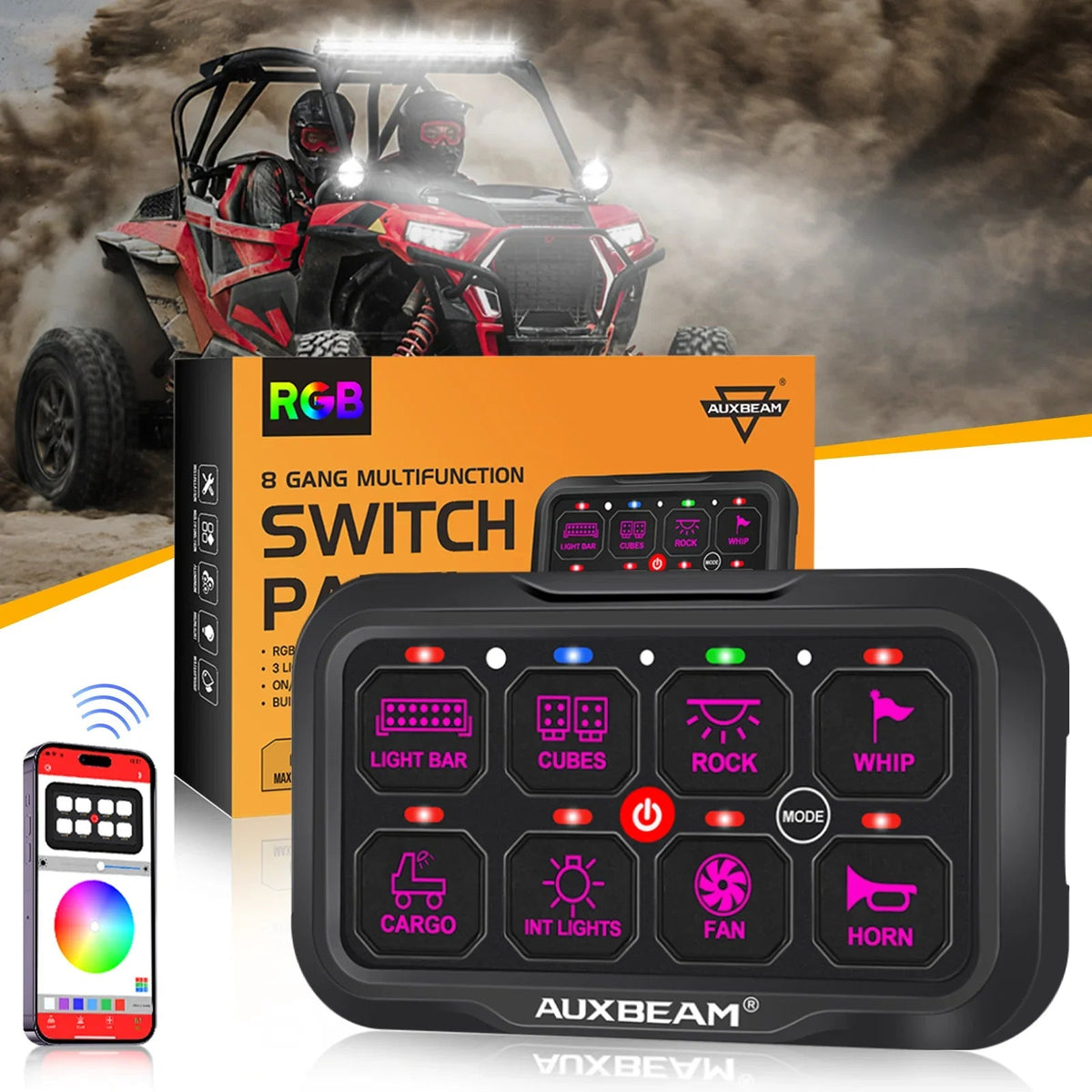 AR-800 Multifunction RGB Switch Panel with Bluetooth Controlled & 47 Inch Extension Cable(Optional) for Polaris RZR XP Turbo / Turbo S 2016 2017 2018 2019 2020 2021